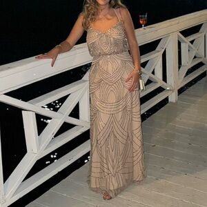 Adrianna Papell Art Deco Beaded Gown in Taupe Pink